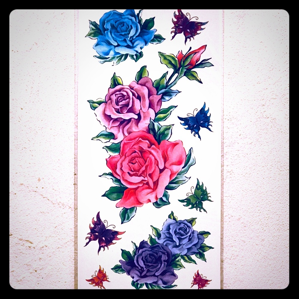 TEMPORARY PINK PURPLE BLUE ROSES BUTTERFLY TATTOOS